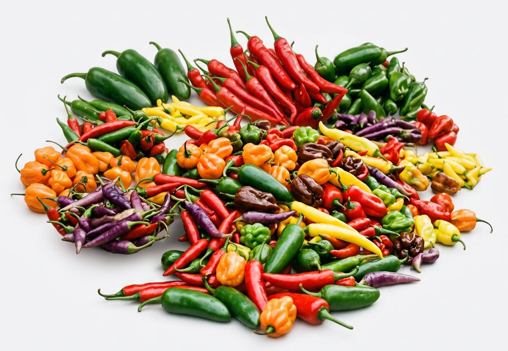 Colorful red, green, yellow, orange, and purple peppers at a market stall